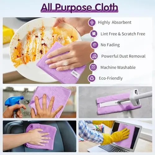 FIXSMITH Purple Microfiber Cleaning Cloth -Pack of 12, Highly Absorbent Cleaning Rags, 16