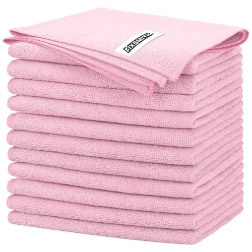 FIXSMITH Pink Microfiber Cleaning Cloth -Pack of 12, Highly Absorbent Cleaning Rags, 16