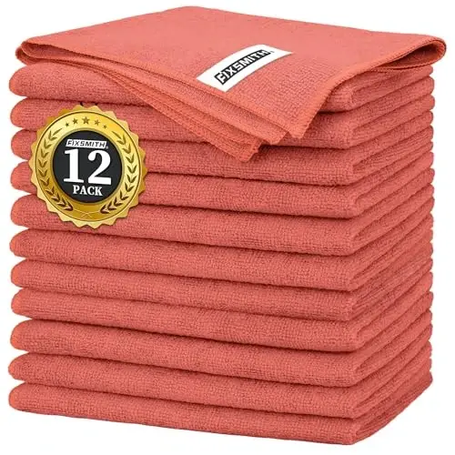 FIXSMITH Red Microfiber Cleaning Cloth -Pack of 12, Highly Absorbent Cleaning Rags, 16