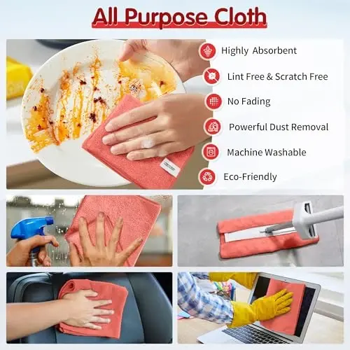 FIXSMITH Red Microfiber Cleaning Cloth -Pack of 8, Highly Absorbent Cleaning Rags, 16