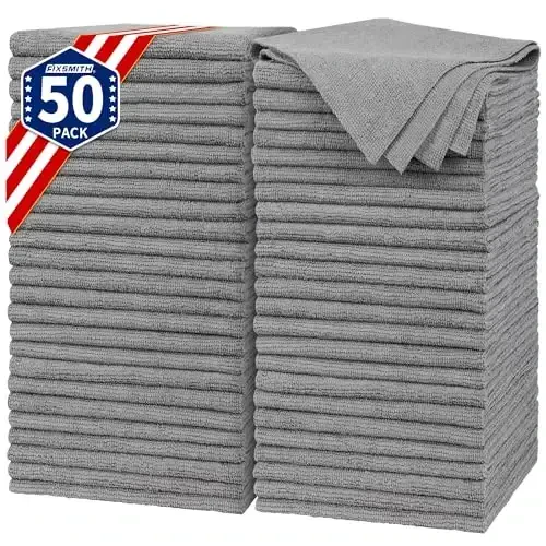 FIXSMITH Shop Towels, Pack of 50, Grey Microfiber Cleaning Cloth Bulk, Microfiber Towels for Cars, All-Purpose Absorbent Cleaning Rags, Dust Cloth for Automotive, Mechanic, Garage, 11.5 x 11.5 inch - 1