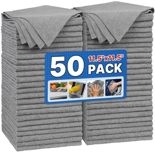 FIXSMITH Shop Towels, Pack of 50, Grey Microfiber Cleaning Cloth Bulk, Microfiber Towels for Cars, All-Purpose Absorbent Cleaning Rags, Dust Cloth for Automotive, Mechanic, Garage, 11.5 x 11.5 inch 