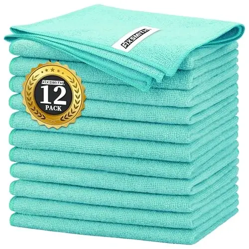 FIXSMITH Turquoise Microfiber Cleaning Cloth -Pack of 12, Highly Absorbent Cleaning Rags, 16