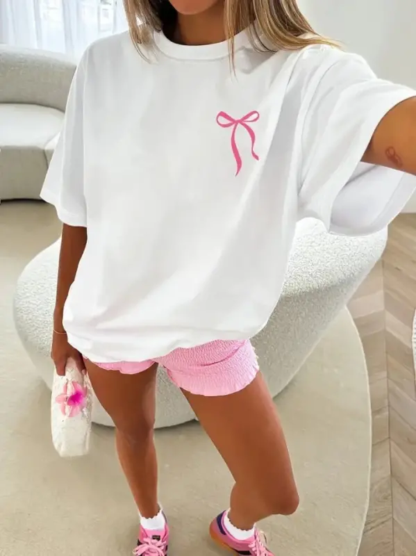 Fiyonk Baskılı Oversize Bisiklet Yaka T-shirt - Beyaz - BÜYÜKBEDENIZ