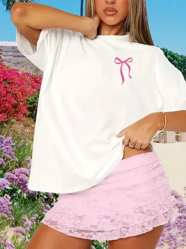 Fiyonk Baskılı Oversize Bisiklet Yaka T-shirt - Beyaz - BÜYÜKBEDENIZ (1)