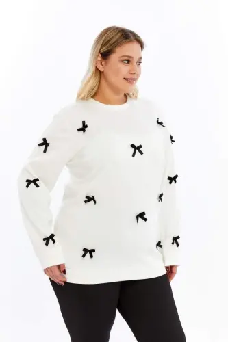 Fiyonk Detaylı Büyük Beden Sweatshirt Ekru - 5