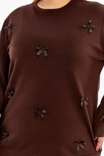 Fiyonk Detaylı Büyük Beden Sweatshirt Kahve - 3