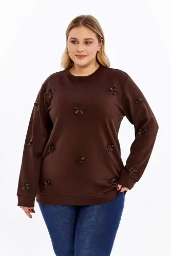Fiyonk Detaylı Büyük Beden Sweatshirt Kahve - 4