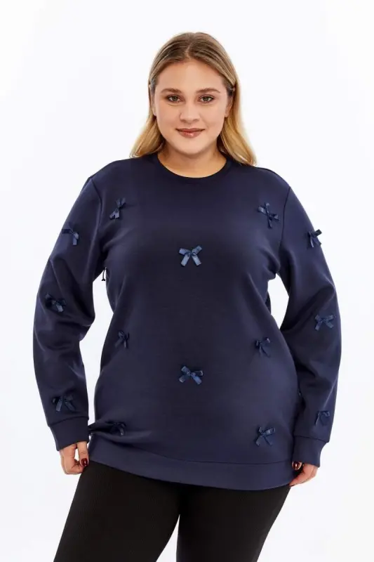 Fiyonk Detaylı Büyük Beden Sweatshirt Lacivert - BÜYÜKBEDENIZ