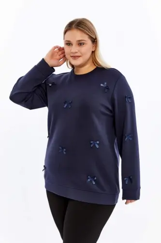 Fiyonk Detaylı Büyük Beden Sweatshirt Lacivert - 4