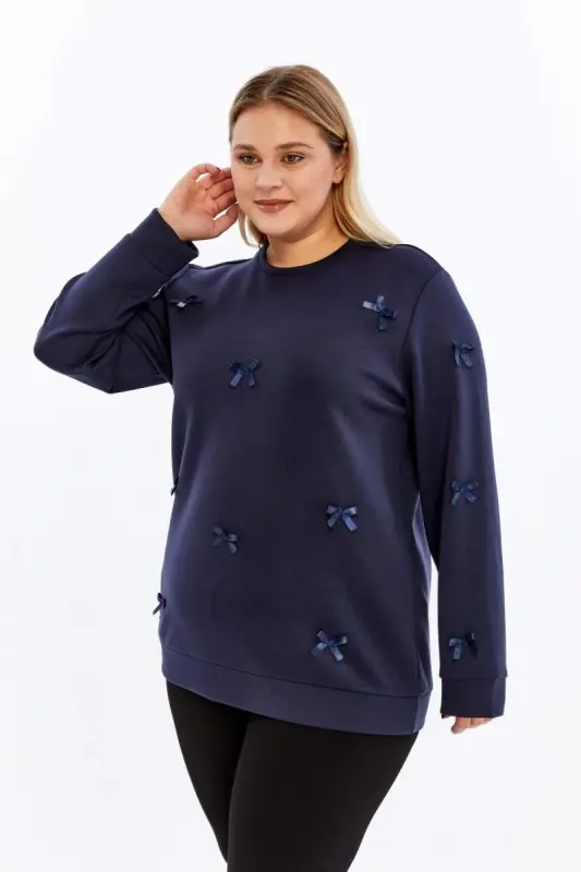 Fiyonk Detaylı Büyük Beden Sweatshirt Lacivert - 4