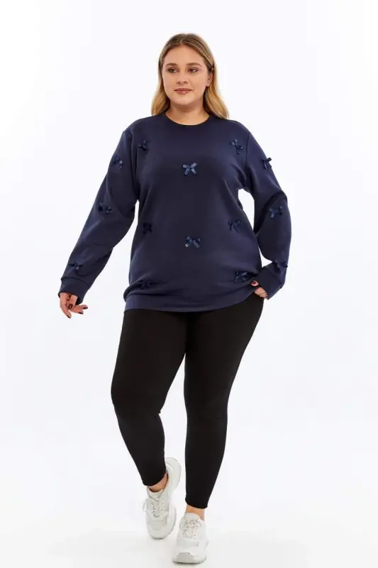 Fiyonk Detaylı Büyük Beden Sweatshirt Lacivert - 6