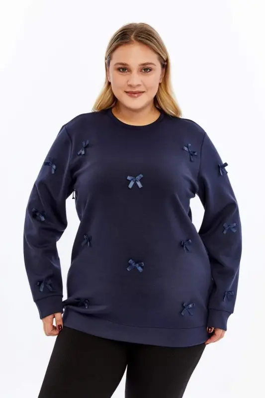 Fiyonk Detaylı Büyük Beden Sweatshirt Lacivert - BÜYÜKBEDENIZ