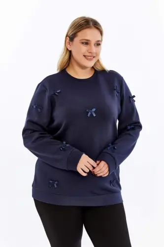 Fiyonk Detaylı Büyük Beden Sweatshirt Lacivert - BÜYÜKBEDENIZ (1)