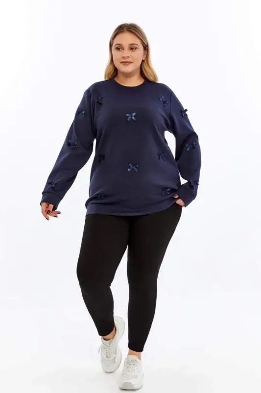 Fiyonk Detaylı Büyük Beden Sweatshirt Lacivert - 6