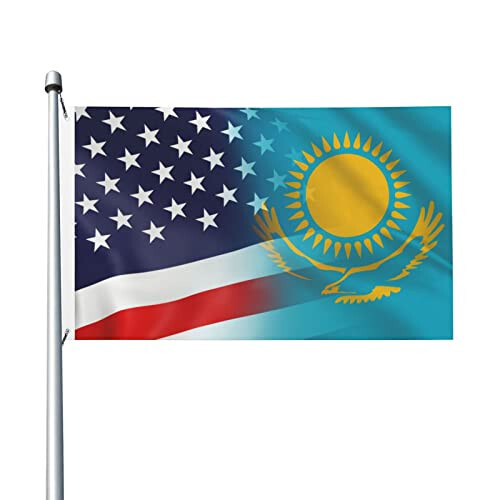 Flag Of Kazakhstan And USA Flag 3x5 Ft Double Sided Vivid Color and UV Fade Resistant Flags for Outdoor House Room - HUFURI