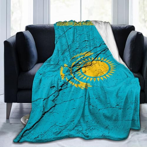 Flag of Kazakhstan Texture Effect Throw Blanket 40