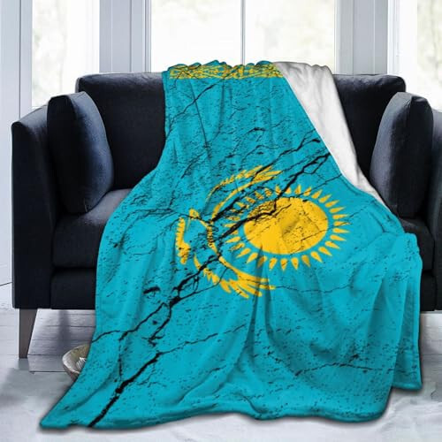 Flag of Kazakhstan Texture Effect Throw Blanket for Couch Bed Sofa Soft Comfortable Blanket 40