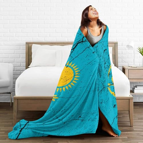 Flag of Kazakhstan Texture Effect Throw Blanket for Couch Bed Sofa Soft Comfortable Blanket 40