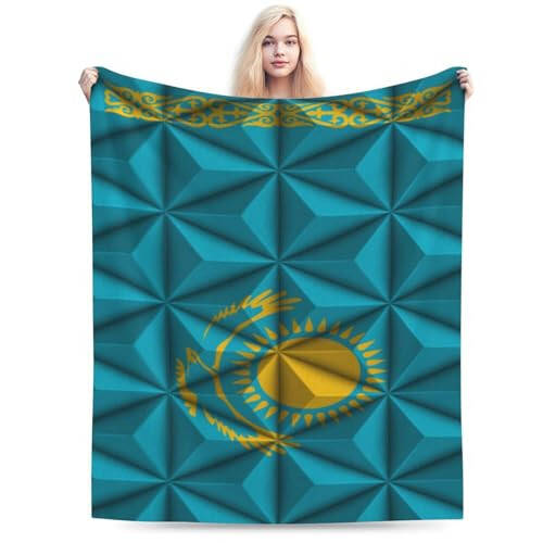 Flag of Kazakhstan with Polygon Effect Throw Blanket for Couch Bed Sofa Soft Comfortable Blanket 40