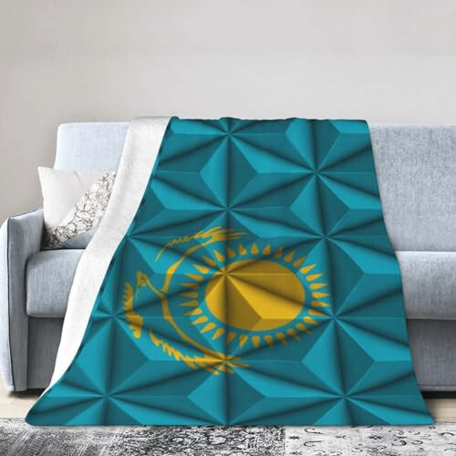 Flag of Kazakhstan with Polygon Effect Throw Blanket for Couch Bed Sofa Soft Comfortable Blanket 40