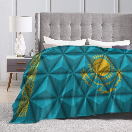 Flag of Kazakhstan with Polygon Effect Throw Blanket for Couch Bed Sofa Soft Comfortable Blanket 40