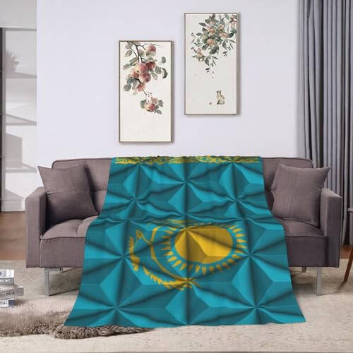 Flag of Kazakhstan with Polygon Effect Throw Blanket for Couch Bed Sofa Soft Comfortable Blanket 40