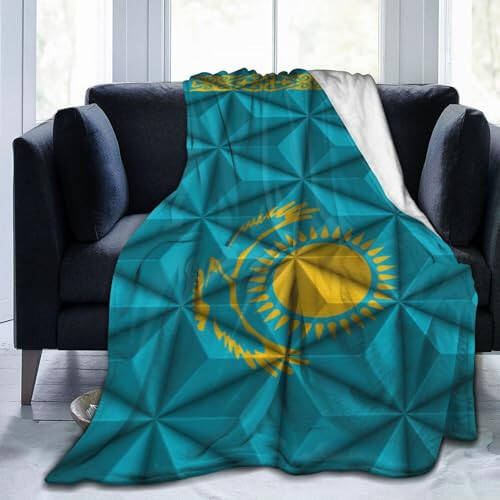 Flag of Kazakhstan with Polygon Effect Throw Blanket for Couch Bed Sofa Soft Comfortable Blanket 40