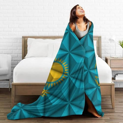 Flag of Kazakhstan with Polygon Effect Throw Blanket for Couch Bed Sofa Soft Comfortable Blanket 40