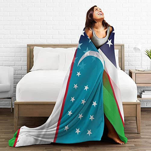 Flag of Uzbekistan and USA Flannel Fleece Throw Blanket, Cozy Couch Blanket ,Softest Super Fluffy Bed Plush Blanket Throw 60