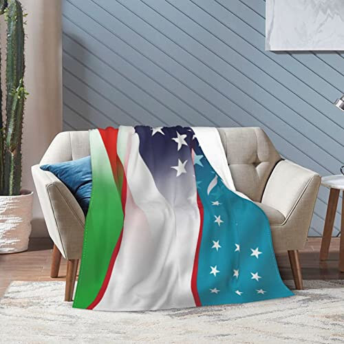 Flag of Uzbekistan and USA Flannel Fleece Throw Blanket, Cozy Couch Blanket ,Softest Super Fluffy Bed Plush Blanket Throw 60