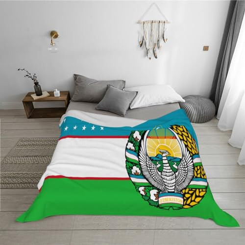 Flag of Uzbekistan with Coat of Arms Warm Blanket Soft 50x40in for Bed Sofa Men Women - 5