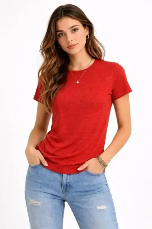 Flam Fabric Mélange Textured Regular Fit T-Shirt Crew Neck Summer T-Shirt - Brick - 1