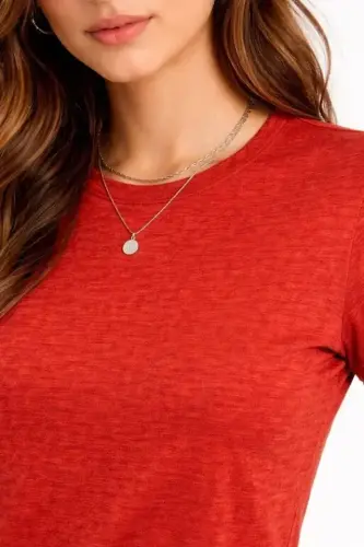 Flam Fabric Mélange Textured Regular Fit T-Shirt Crew Neck Summer T-Shirt - Brick - BÜYÜKBEDENIZ (1)