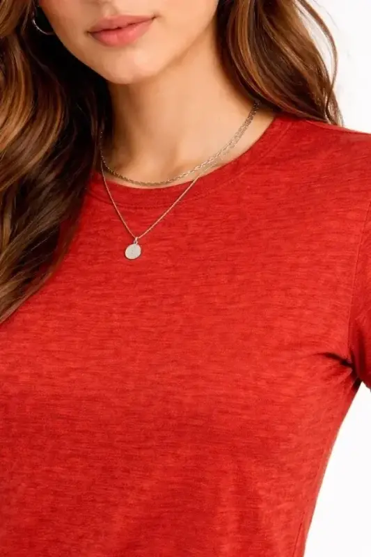 Flam Fabric Mélange Textured Regular Fit T-Shirt Crew Neck Summer T-Shirt - Brick - 2