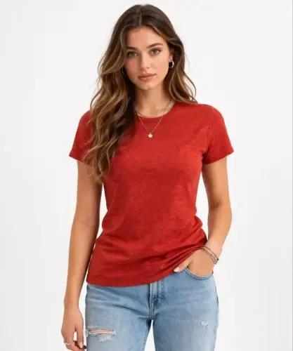 Flam Kumaş Melanj Dokulu Regular Fit Tişört Bisiklet Yaka Yazlık T-Shirt - Kiremit - 3