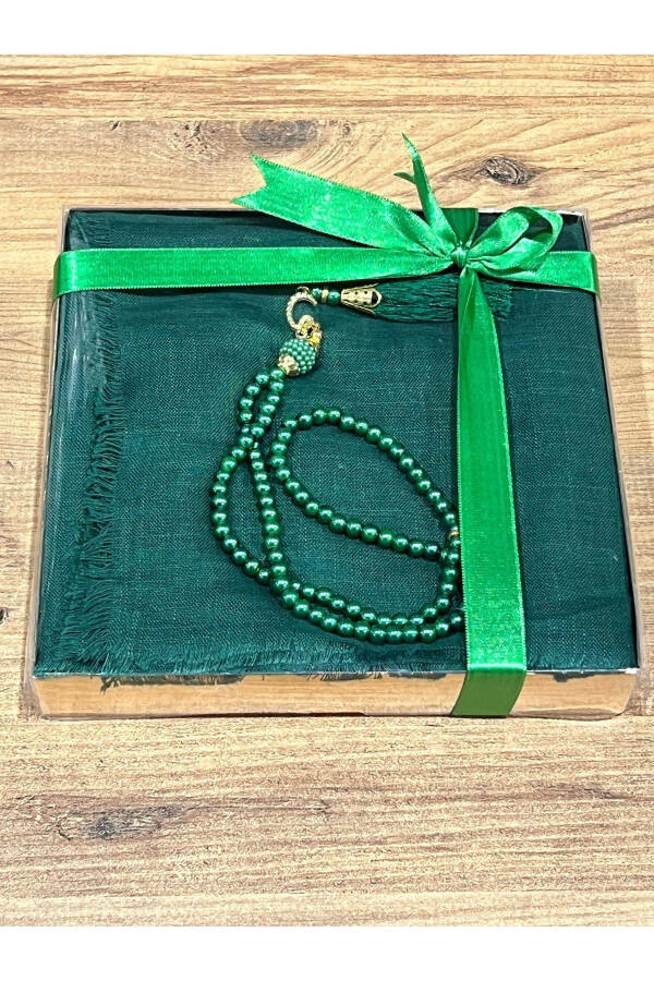 Flamed prayer scarf and tasbih set; perfect for gifts, dowry, mevlüt, bohça or bridal gifts. - 2