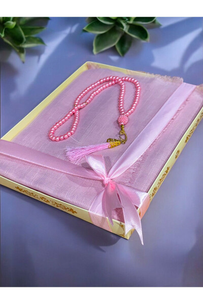 Flamed prayer scarf and tasbih set, suitable for gifts, dowry, birth celebrations and trousseau. 
