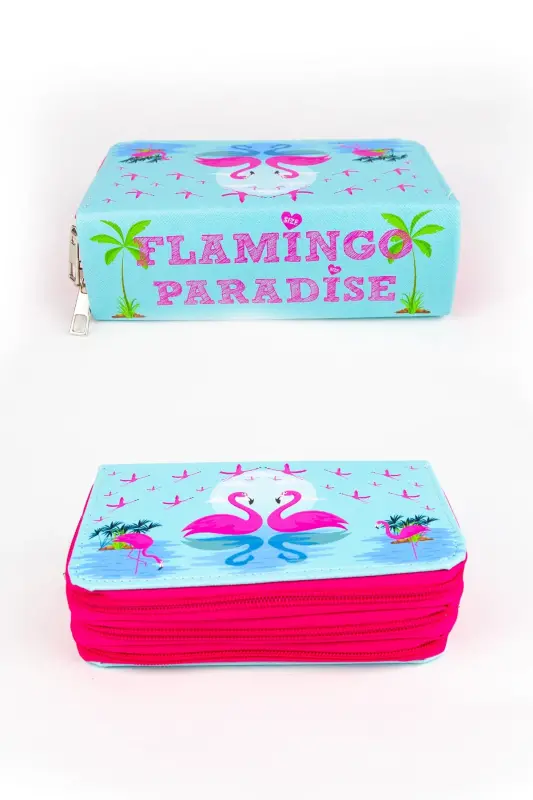 Flamingo Paradise Three-Compartment Pencil Case (Pencil Holder) - Flamingo Paradise (Pink Zipper) - 4