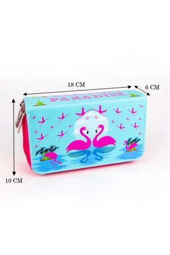 Flamingo Paradise Üç Bölmeli Kalem Kutusu (kalemlik)-Flamingo Paradise (Pembe Fermuar) - 4