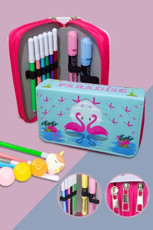 Flamingo Paradise Üç Bölmeli Kalem Kutusu (kalemlik) - Flamingo Paradise (Pembe Fermuar) - SIZE