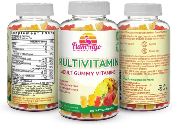 Flamingo Supplements Multivitamin Gummies | Vegan Friendly, Kosher Halal NO Gluten or Gelatin, no GMO| for Men, Women & Kids| 3 Natural Flavors | Vitamins C, B3, B12, Biotin, Zinc & More| 100 Gummies - 4