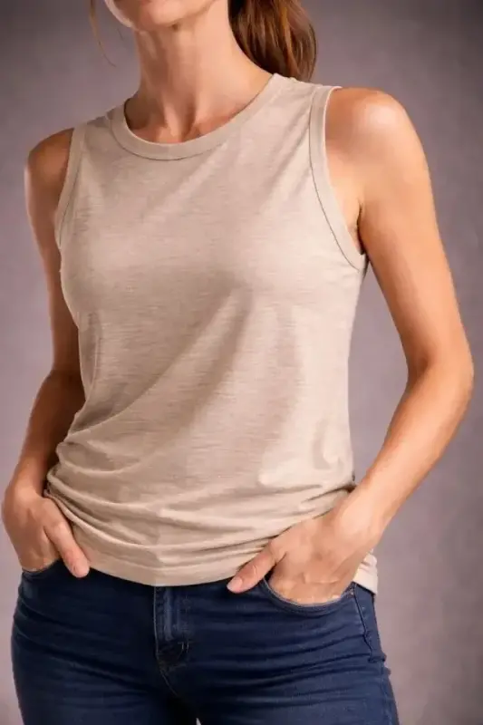 Flamlı Kumaş Sıfır Kolsuz Atlet Basic Spor Üst, Günlük Ve Fitness Kullanımına Uygun - Taş - BÜYÜKBEDENIZ