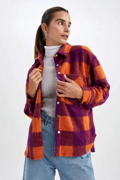 Flanel Kareli Uzun Kollu Gömlek Turuncu - Defacto