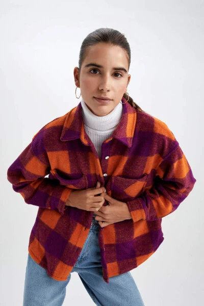 Фланелевая рубашка в клетку с длинным рукавом оранжевая - 3