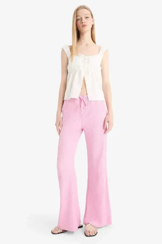 Flare Fit Beli Lastikli Bürümcük Pantolon-Pembe - 1