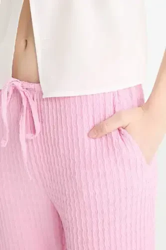 Flare Fit Beli Lastikli Bürümcük Pantolon-Pembe - 5
