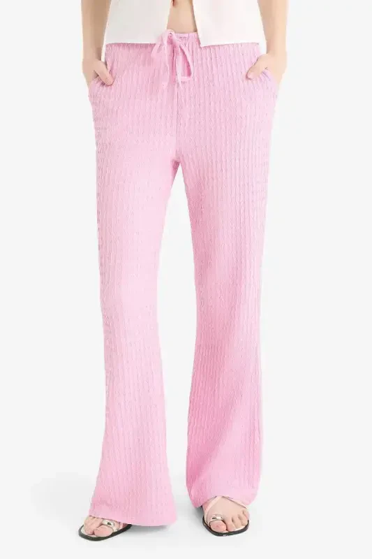 Flare Fit Beli Lastikli Bürümcük Pantolon-Pembe - 8