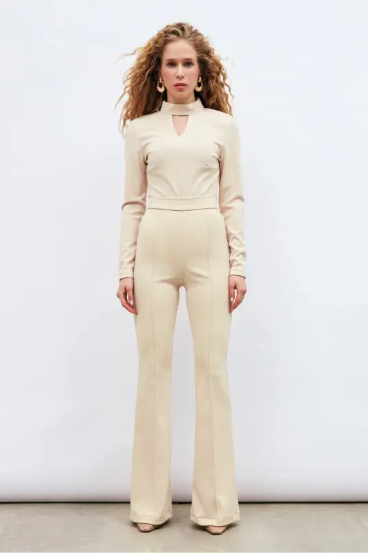 Flared Pants - Beige-BEIGE - SATEEN