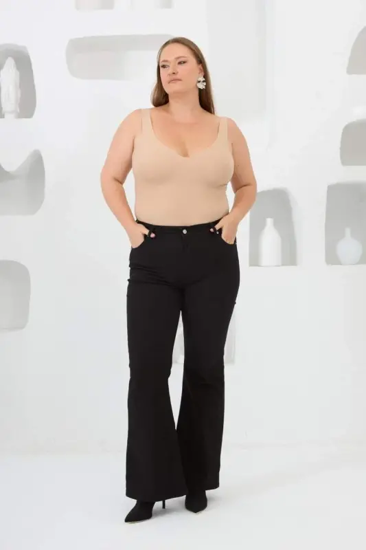 Flared Plus Size Black Cotton Pants - 5